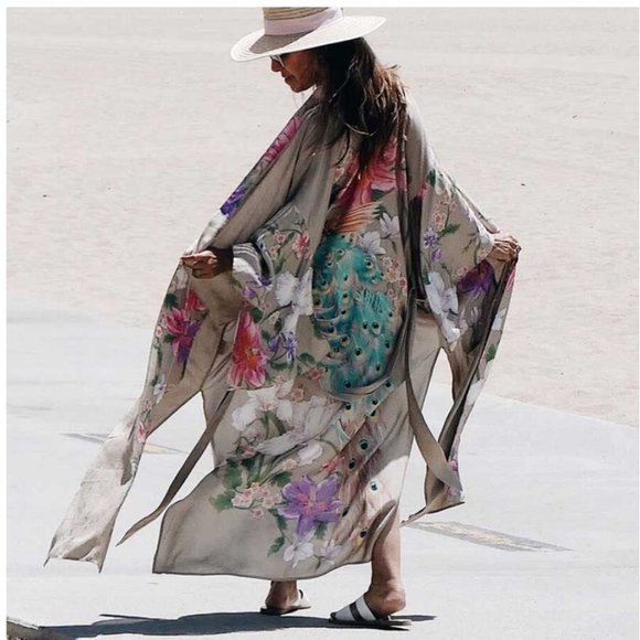 Boho Chic Floral print Kimono CArdigan belted khak - Picture 4 of 7